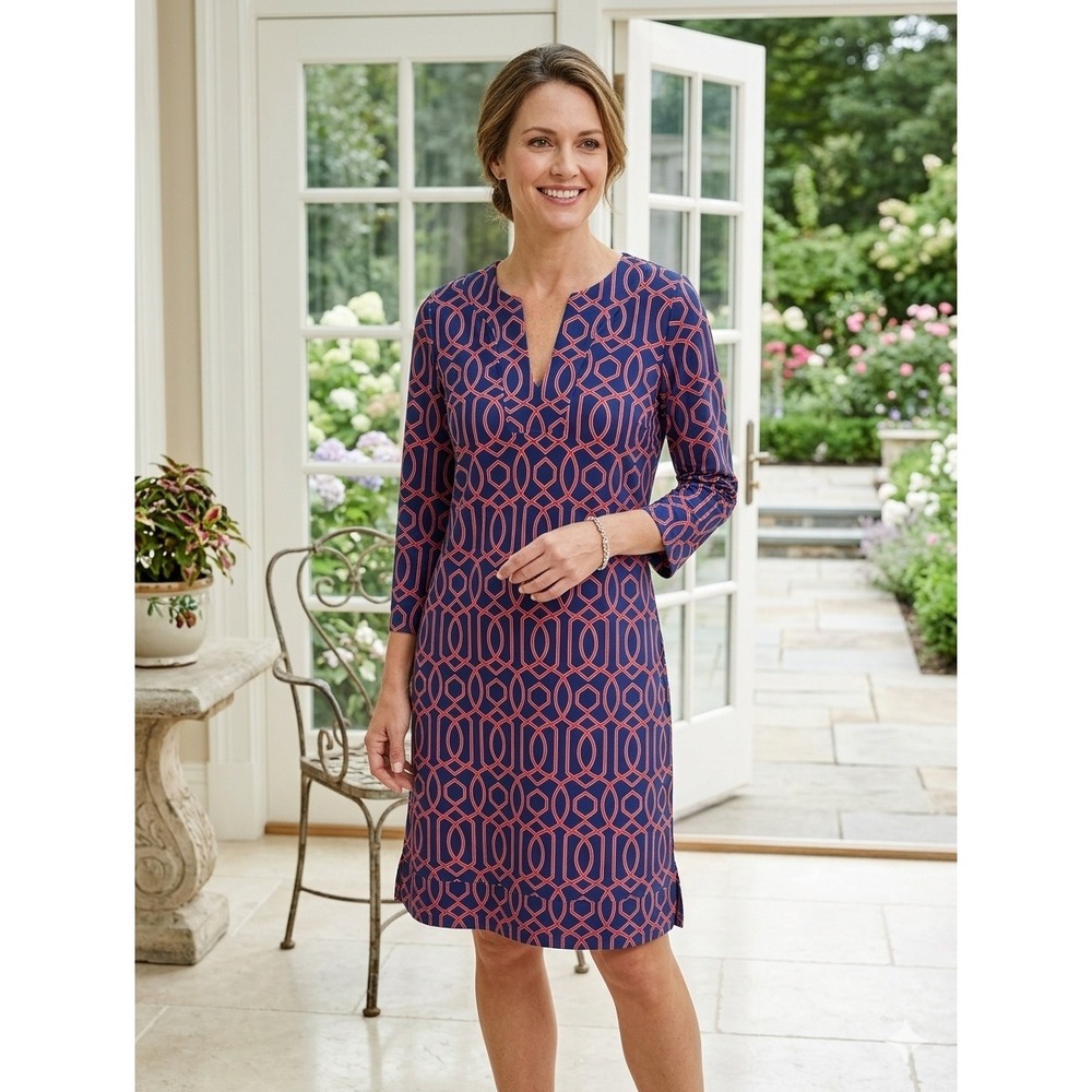 Jude Connally Blue Coral Geometric Print Shift Dress XS V-Neck 3/4 Sleeve